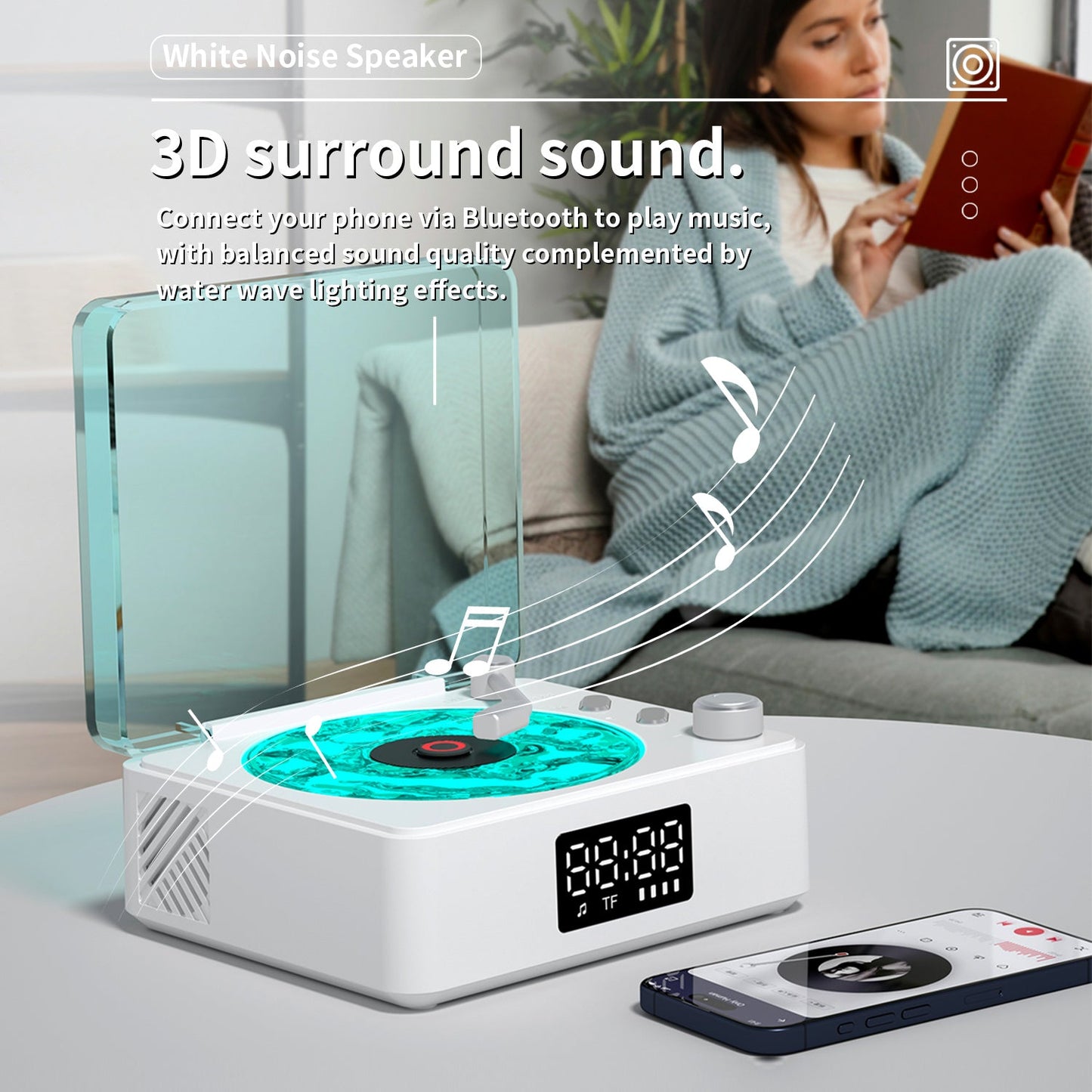 Retro-style Wireless waves  Bluetooth Speaker for Sea White Noise with Bedroom Clock & Ambience Light, A Great Gift Suited for Computer Desktop